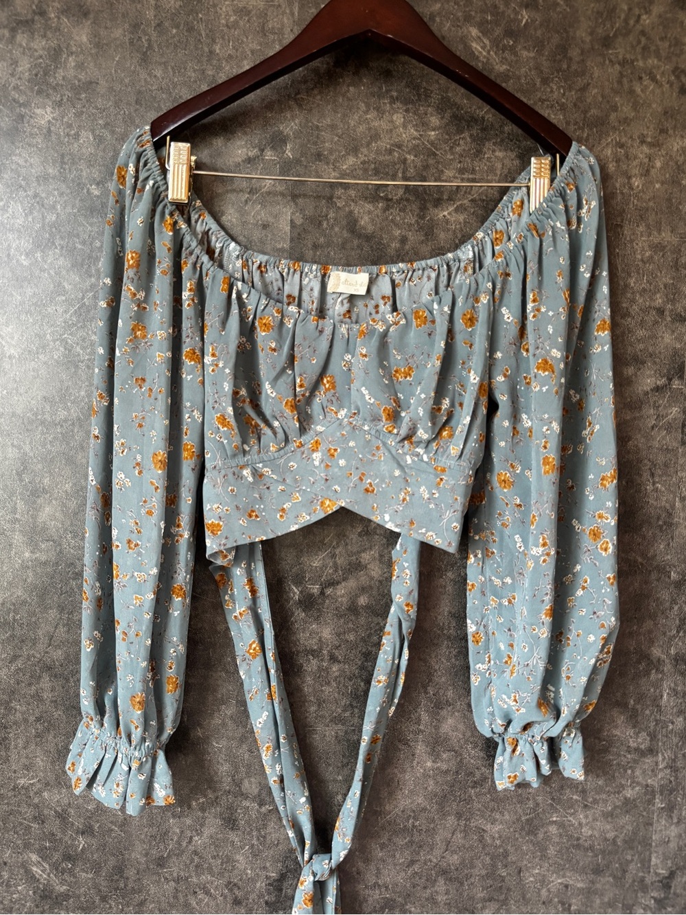 Altar’d State Floral Tie Back Crop Top XS Blue Mustard Puff Sleeve